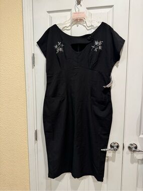 Tatyana Black Midi Dress with Silver Floral Embroidery